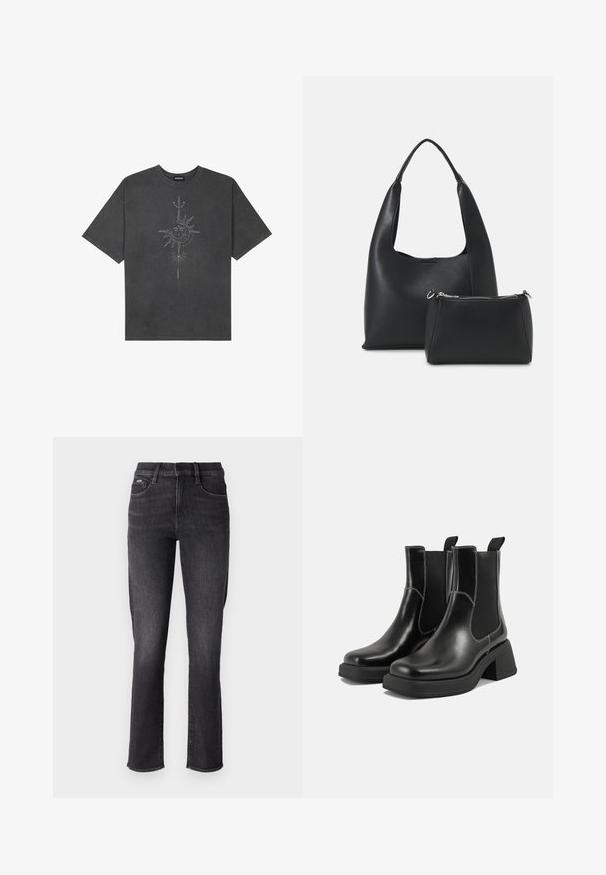 Sötétszürke, nagy méretű pamut póló, középen nap motívummal, aprólékos vonal részletekkel nyomtatva elöl.; Fekete farmernadrág, egyenes szabással, standard derékpánttal, öt zsebbel és diszkrét varrási részletekkel.; Fekete bőr Chelsea csizmák masszív sarkakkal, rugalmas oldalsó panelekkel és kontrasztos fehér varrással. Texturált felület.; Even&Odd Kézitáska - black