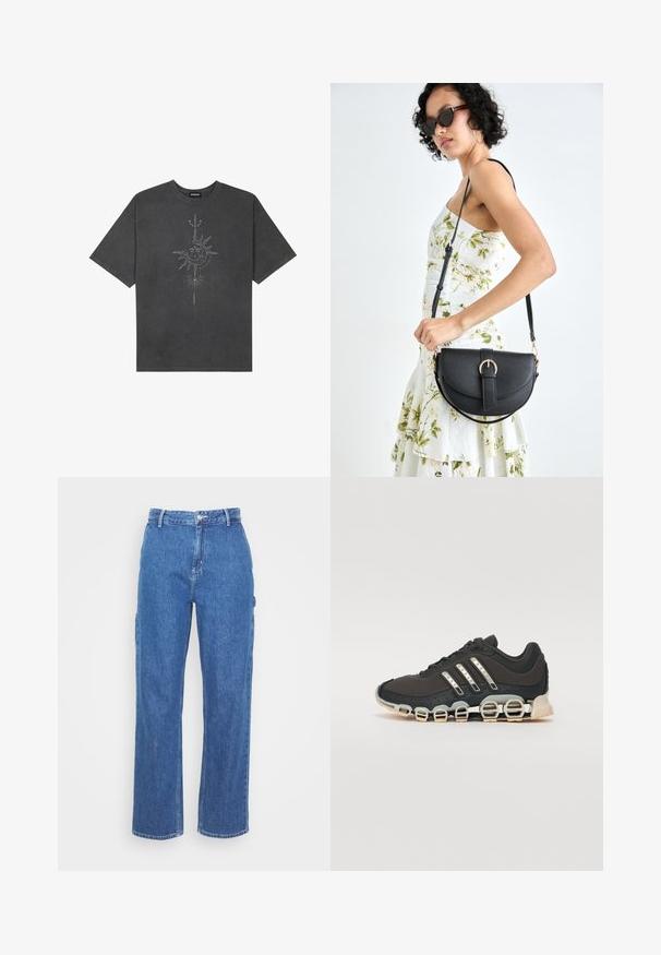 Tricou oversized de culoare gri închis, realizat din bumbac, având un grafic central cu soare, cu detalii complexe imprimat pe față.; Pantaloni din denim albastru, cu talie înaltă, într-un design cu picior drept, având închidere cu buton în față și buzunare laterale. Textură netedă și fără modele vizibile.; Pantof cu aspect sport de culoare neagră, cu un superior texturat, trei dungi argintii și o talpă de amortizare distinctivă, ce prezintă multiple secțiuni integrate.; Geantă din piele neagră, cu o formă curbată, curea detașabilă și accesorii aurii. Geanta are un capac cu un detaliu tip cataramă.
