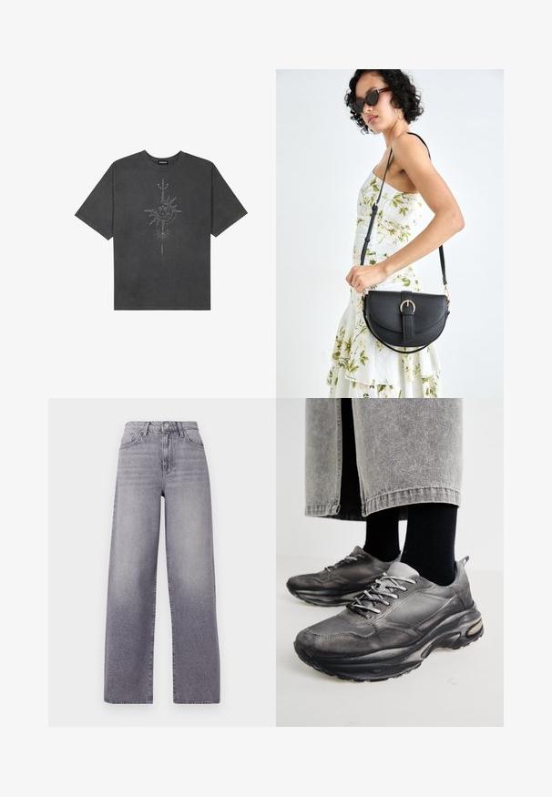 Mørkegrå oversized t-skjorte laget av bomull, med et sentralt solmotiv med intrikate linjedetaljer trykket på forsiden.; Høynyttede, vide jeans i lys grå denim. Har en klassisk fem-lomme-design, subtil fading og metallknapp-lukking.; Sorte og grå treningssko har en mesh-overdel, tykke såler og snøring. De har en rund tå og synlige dempe detaljer.; Svart lærveske med en buet form, avtagbar stropp og gullbeslag. Vesken har et klaff med spenne-detall.