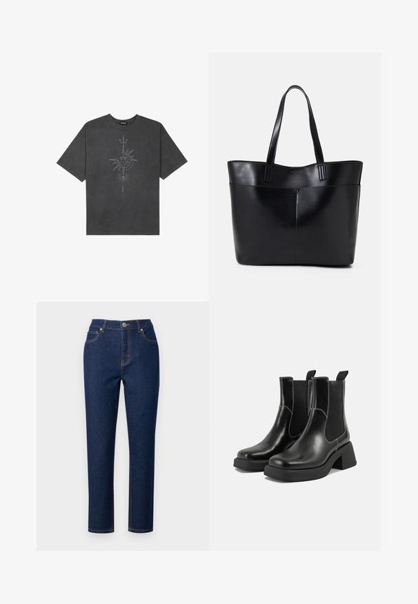 Σκοτεινό γκρι oversized μπλουζάκι φτιαγμένο από βαμβάκι, διαθέτοντας έναν κεντρικό γραφικό ήλιο με περίπλοκες λεπτομέρειες γραμμών εκτυπωμένες στο μπροστά μέρος.; Σκούρο μπλε τζιν παντελόνι με ίσια γραμμή, διαθέτει φερμουάρ, κουμπί κλεισίματος και διακοσμητικές ραφές στις τσέπες και τις ραφές.; Μαύρα δερμάτινα μποτάκια Chelsea με χοντρό τακούνι, ελαστικές πλευρικές επενδύσεις και αντίθετη λευκή ραφή. Υφή με υφιστάμενη αίσθηση.; Μαύρη δερμάτινη τσάντα tote με δύο μακριούς ιμάντες, λεία υφή και δομημένο σχήμα. Διαθέτει μπροστινή τσέπη για επιπλέον αποθήκευση.