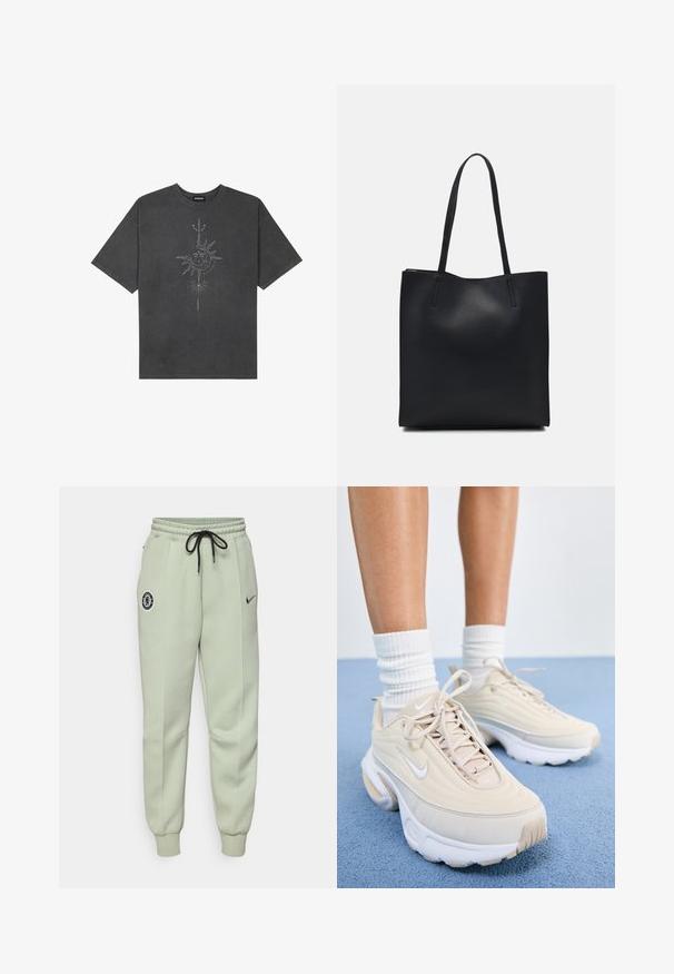 Mørkegrå oversized t-skjorte laget av bomull, med et sentralt solmotiv med intrikate linjedetaljer trykket på forsiden.; Lysegrøn Nike joggebukse med elastisk midje, snor, sidelommer og Chelsea FC-logo på venstre lår.; Beigeidrettssko med strukturert overdel, hvite lisser og tykk hvit såle. Designet har subtile kurver og en liten logo.; Svart lær tote bag med glatt tekstur, rektangulær form og to lange håndtak. Ingen synlige deler eller dekorasjoner.