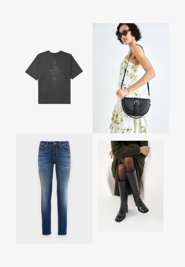 Tumehall pehmea t-särk, mis on valmistatud puuvillast, esiküljel on keeruliste joontega trükitud keskmine päikesegraafika.; Peenike teksad, millel on gradient pesu tumedast heledasse sinisesse, viie tasku disain ja kulunud servadega pahkluudes.; Knee-high mustad nahast saapad nelinurkse varbaga ja plokilise kontsaga, esitatud mudeli kõrval, kes istub oliivirohelises mantlis. Sujuv tekstuur, minimaalne detailide arv.; Mustmust mustraha kõverate joontega, eemaldatava rihmaga ja kuldsete detailidega. Kotil on klapp, millel on pandladetail.; Hõbedased rõngaskõrvarõngad, millel on sujuv ja ümar disain, millel on sile pind ja nähtavad kaunistused puuduvad. Diameeter ei ole täpsustatud.