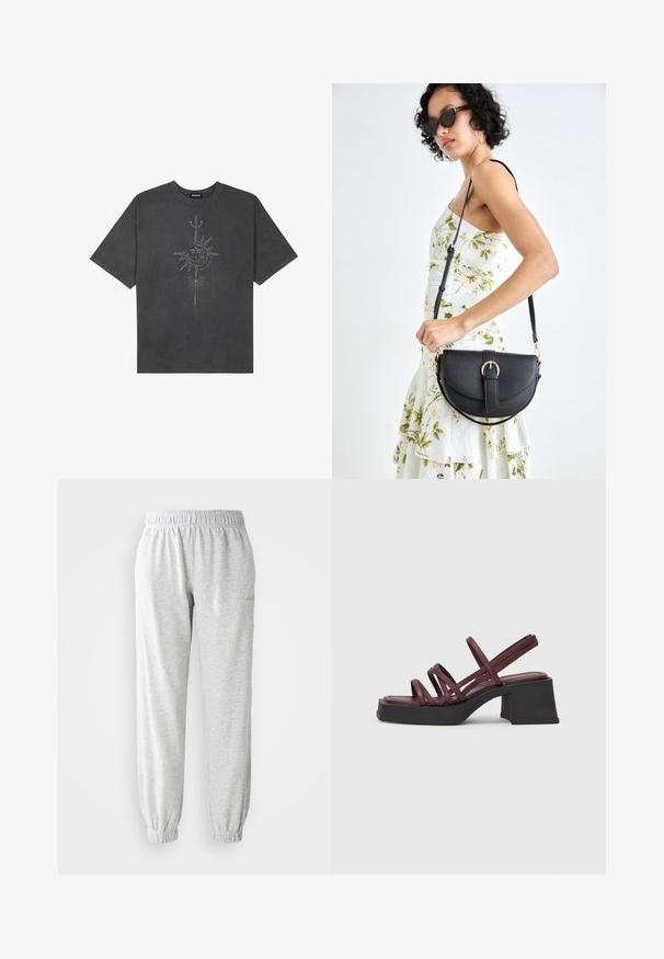 Temno siva oversize majica iz bombaža, z centralno grafiko sonca z zapletenimi črtnimi podrobnostmi natisnjenimi spredaj.; Svetlo sivi trenirka iz mehkega blaga, z elastičnim pasom in zoženimi manšeti. Brez dodatnih vzorcev ali detajlov.; Vagabond HENNIE - Natikači s peto - cherry; Črna usnjena torbica s ukrivljeno obliko, z odstranljivo naramnico in zlatimi dodatki. Torbica ima pokrov s podrobnostmi v obliki zaponke.