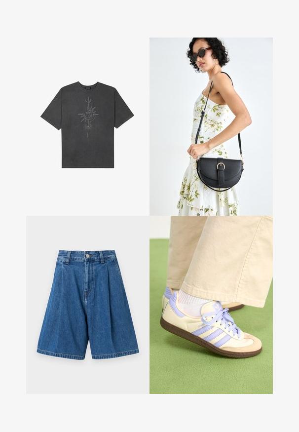 Tmavosivý oversized tričko vyrobené z bavlny, s centrálnou grafikou slnka s prepracovanými líniovými detailmi potlačenými na prednej strane.; Modré denimové bermudy s plisovaným predným dielom, vybavené štandardným pásom a gombíkovým zapínaním. Hladká textúra a rovné nohavice.; Krémovo-fialové tenisky so tromi pruhmi a štruktúrovanou hnedou podrážkou, s šnúrkami a polstrovaným opätkom. Mäkký textilný zvršok.; Čierna kožená kabelka s zaobleným tvarom, odnímateľným popruhom a zlatými doplnkami. Kabelka má klopu s detailom s prackou.