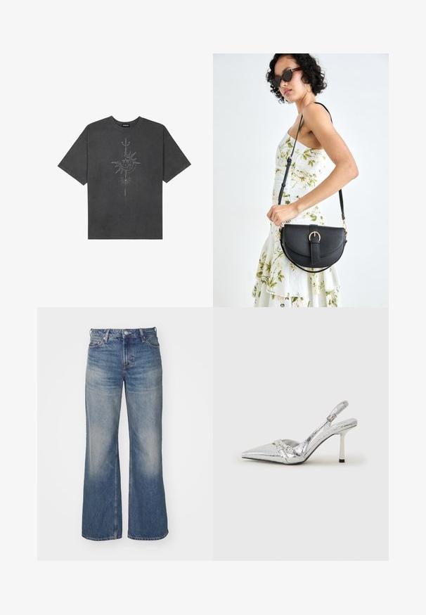 T-shirt oversized cinza escuro feito de algodão, apresentando um gráfico central do sol com detalhes de linhas intrincadas impressos na frente.; Jeans de denim azul claro com um design de perna larga, apresentando um efeito desbotado, cinco bolsos e fecho de botão. Costura detalhada ao longo das costuras.; Sapato de salto alto slingback prateado com bico fino, acabamento metálico, duas correias decorativas e um salto esbelto com ponta preta.; Bolsa de couro preta com forma curva, alça destacável e detalhes em dourado. A bolsa possui uma aba com detalhe de fivela.
