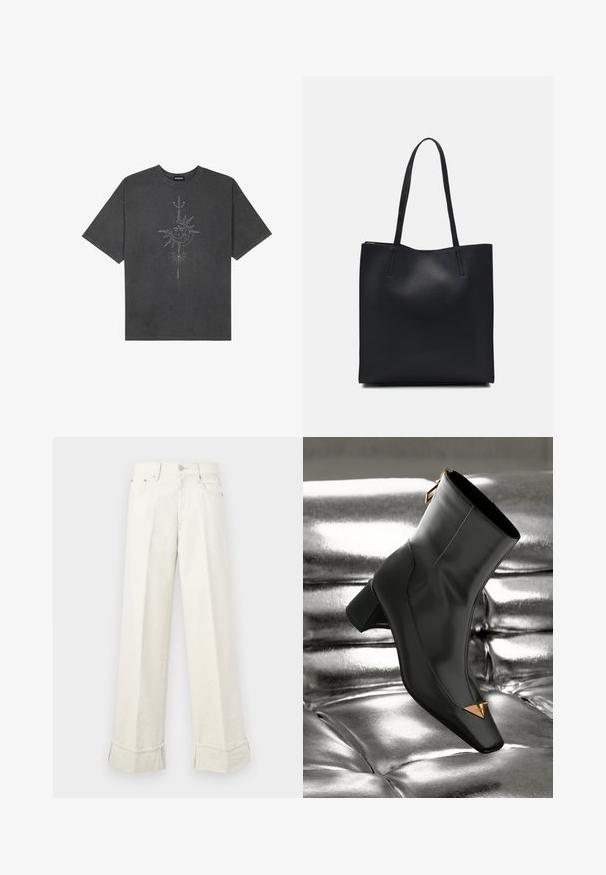 Dark gray oversized t-shirt made of cotton, featuring a central sun graphic with intricate line details printed on the front.; Wide-leg cream trousers made of cotton, featuring a folded hem and belt loops. Designed with two front pockets and a front button closure.; Black leather ankle boot with a square toe, gold triangular accent, and mid-height heel. Smooth texture against shiny silver background.; Black leather tote bag with smooth texture, rectangular shape, and two long handles. No visible hardware or embellishments.