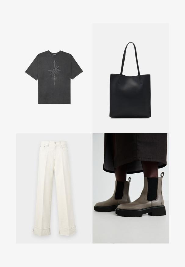 T-shirt oversize grigio scuro in cotone, con una grafica centrale di un sole con dettagli intricati stampati sul davanti.; Pantaloni a gamba larga di colore crema realizzati in cotone, con orlo piegato e passanti per cintura. Progettati con due tasche frontali e chiusura con bottone anteriore.; Stivaletti grigi alla caviglia realizzati in pelle testurizzata con pannelli laterali elastici e una suola nera spessa. Presentano dei tiranti per una facile calzata.; Borsa tote in pelle nera con texture liscia, forma rettangolare e due manici lunghi. Nessun hardware o decorazione visibile.