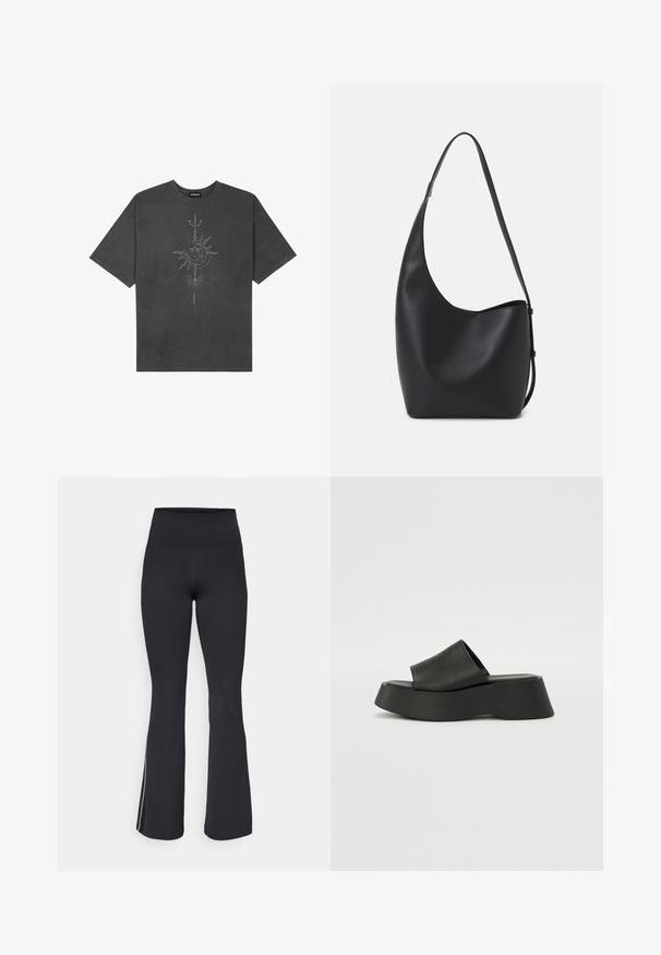 Tamno siva oversized majica od pamuka, s centralnom grafikom sunca s složenim linijskim detaljima ispisanim na prednjoj strani.; Crne razdvojene tajice s visokim strukom, izrađene od rastezljivog materijala. Imaju glatku teksturu i bijele bočne pruge duž šavova.; Crne platforme sandale s širokim remenom i bujnim đonom. Izrađene su od glatkog materijala s mat završnom obradom i bez vidljivog hardvera.; Crna kožna hobo torba s glatkom teksturom, zakrivljenim oblikom i jednom podesivom trakicom; ima širok otvor na vrhu.