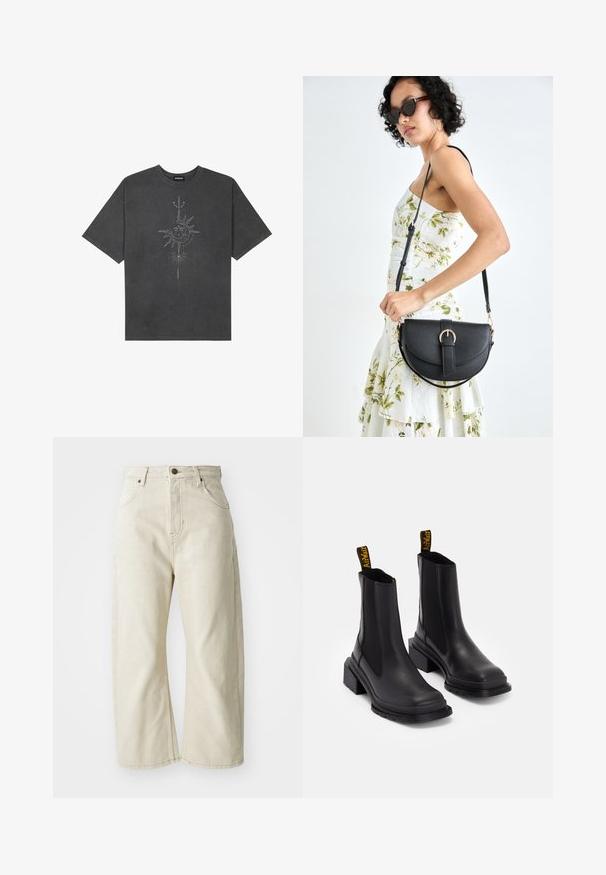 T-shirt oversized cinza escuro feito de algodão, apresentando um gráfico central do sol com detalhes de linhas intrincadas impressos na frente.; Jeans largas bege feitos de denim de algodão, com uma cintura alta, cinco bolsos e uma textura ligeiramente desbotada. Fecho com botão de latão.; Botas pretas até ao tornozelo feitas de couro liso, com painéis laterais elásticos, bico quadrado e um salto robusto. Apresenta puxadores amarelos com marca.; Bolsa de couro preta com forma curva, alça destacável e detalhes em dourado. A bolsa possui uma aba com detalhe de fivela.