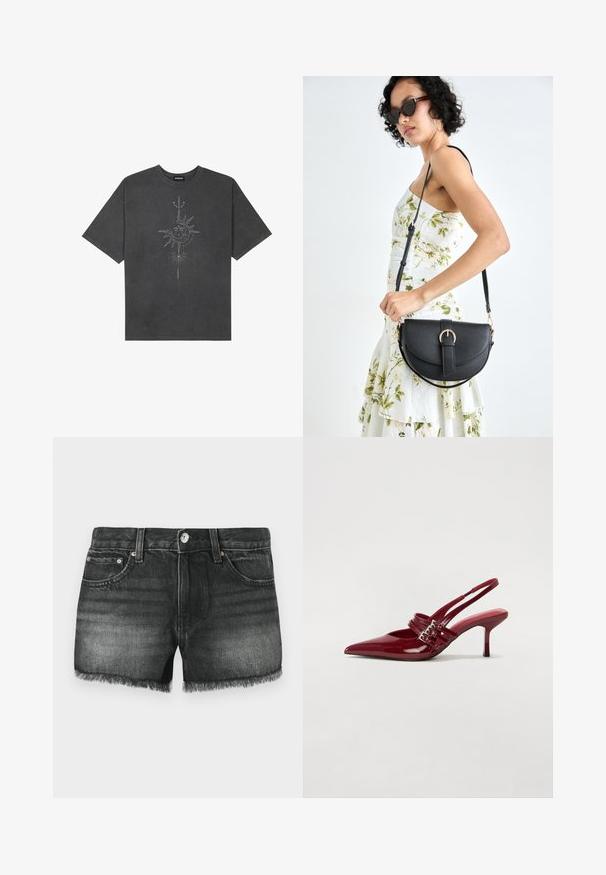 Tamsiai pilkas per didelis marškinėliai, pagaminti iš medvilnės, su centriniu saulės grafiku, turinčiu sudėtingus linijų detalizavimus, spaustu priekyje.; Juodi džinsiniai šortai su nusidėvėjusiomis kraštinėmis, penkiais kišenėmis ir variniais aksesuarais. Išblukusi danga turi subtilią tekstūrą ir klasikinį dizainą.; Raudoni blizgūs odiniai bateliai su atviru kulnu, smailiu nosiu, dviem užsegimais ir plonu, vidutinio aukščio stiletto kulnu. Lygus paviršius.; Juodas odinis krepšys su išlenkta forma, nuimamu dirželiu ir auksiniais detalėmis. Krepšys turi kilpą su sagtimi.