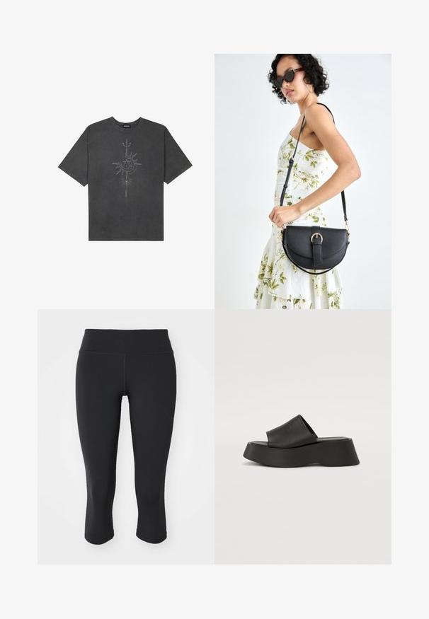 Tumehall pehmea t-särk, mis on valmistatud puuvillast, esiküljel on keeruliste joontega trükitud keskmine päikesegraafika.; Mustad põlveni ulatuvad mustad retuusid, mis on valmistatud elastse materjaliga. Omavad laia vööd ja sujuvat tekstuuri ning minimaalset õmblusdetailide kasutamist.; Mustad musttal töötavad sandaalid, millel on lai rihm ja paks tald. Valmistatud siledast materjalist, millel on mati viimistlus ja nähtavaid metallosade pole.; Mustmust mustraha kõverate joontega, eemaldatava rihmaga ja kuldsete detailidega. Kotil on klapp, millel on pandladetail.