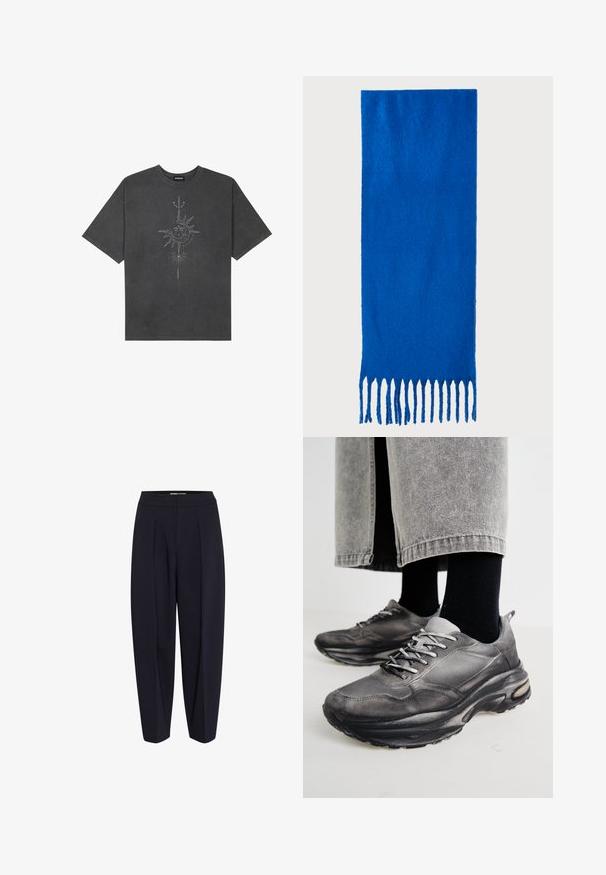 Temno siva oversize majica iz bombaža, z centralno grafiko sonca z zapletenimi črtnimi podrobnostmi natisnjenimi spredaj.; Morske hlače z visokim pasom, ki imajo sprednje nabore in obliko zoženih nog. Narejene so iz gladkega blaga brez vidnih dodatkov ali vzorcev.; Črne in sive športne čevlje imajo mrežast zgornji del, debele podplate in vezalke. Imajo zaobljen nos in opazne podrobnosti oblazinjenja.; Modra šal s frinčo iz mehkega materiala; ima enotno barvo s teksturirano površino in enakomerno rezane frinče na dnu.