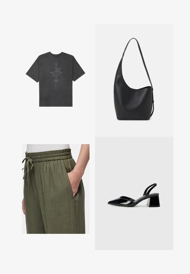 Mørkegrå oversized t-skjorte laget av bomull, med et sentralt solmotiv med intrikate linjedetaljer trykket på forsiden.; Olivenfargede, lette linbukser med elastisk liv og snøring. Har en sidelomme og en avslappet passform.; Svarte patentlær slingback hæler med spiss tå og geometrisk blokk hæl. Har et stilrent, minimalistisk design og jevn tekstur.; Svart lær hobo-veske med glatt tekstur, buet form og enkelt justerbart stropp; har en bred åpning på toppen.