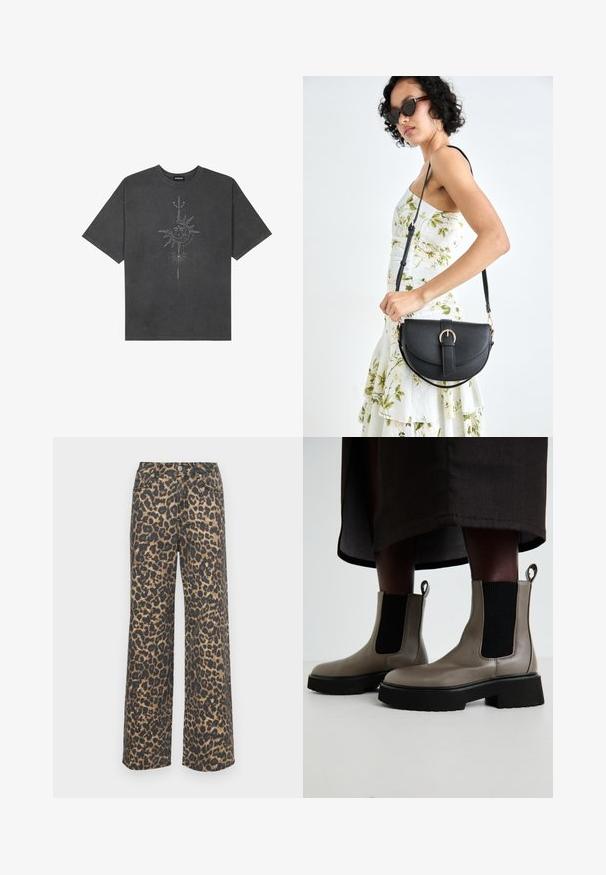 Sötétszürke, nagy méretű pamut póló, középen nap motívummal, aprólékos vonal részletekkel nyomtatva elöl.; Leopárdmintás, bőszárú farmernadrág pamut keverékből. Magas derékkal, elülső zsebekkel és kontrasztos fekete és barna mintázattal. Karcsú, egyenes szabású.; Szürke bokacsizmák texturált bőrből, elasztikus oldalpanellel és vastag fekete talppal. Könnyű felvételt biztosító húzófülek találhatók rajtuk.; Fekete bőrtáska ívelt formával, levehető pánttal és arany színű fémrészekkel. A táskán egy csattal díszített fedél található.