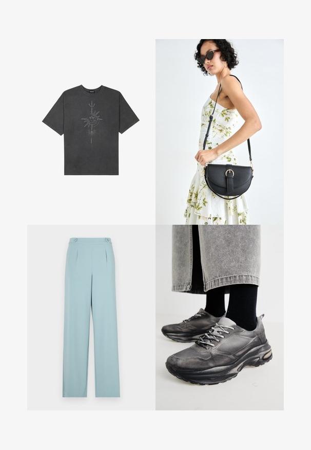 Mørkegrå oversized t-skjorte laget av bomull, med et sentralt solmotiv med intrikate linjedetaljer trykket på forsiden.; Lyseblå bukser med skreddersydd design, med folder og knappdetaljer i livet. Laget av glatt, lett stoff.; Sorte og grå treningssko har en mesh-overdel, tykke såler og snøring. De har en rund tå og synlige dempe detaljer.; Svart lærveske med en buet form, avtagbar stropp og gullbeslag. Vesken har et klaff med spenne-detall.