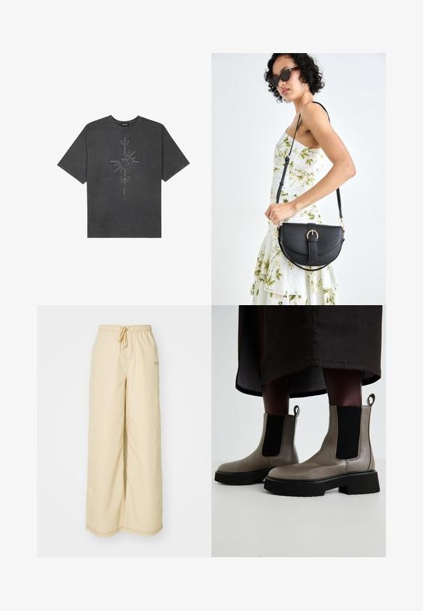 Dark gray oversized t-shirt made of cotton, featuring a central sun graphic with intricate line details printed on the front.; Beige wide-leg trousers made of soft fabric, featuring an elastic waistband with a drawstring, side pockets, and subtle stitching details.; Gray ankle boots made of textured leather with elastic side panels and a chunky black sole. Features pull tabs for easy wear.; Black leather handbag with a curved shape, detachable strap, and gold hardware. The bag features a flap with a buckle detail.