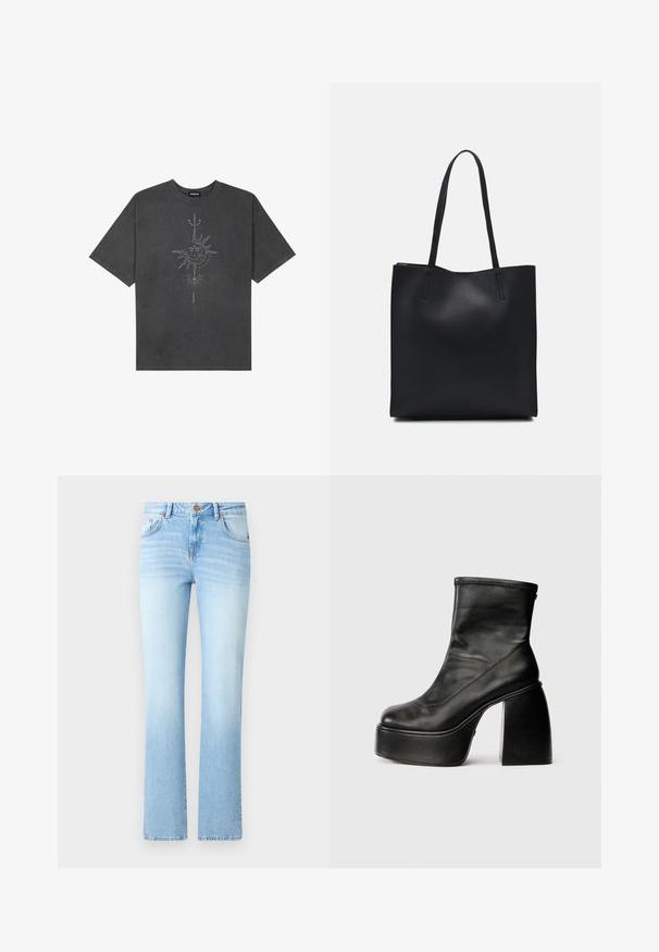 Temno siva oversize majica iz bombaža, z centralno grafiko sonca z zapletenimi črtnimi podrobnostmi natisnjenimi spredaj.; Svijetloplave traperice s oblikom u obliku zvona, s kopčanjem na gumb, pet džepova i blagim izblijeđenim uzorkom.; Črne usnjene gležnjarje z zaobljenim nosom, gladko teksturo in izstopajočo blokasto peto. Imajo stranski zadrgo. Minimalističen dizajn.; Črna usnjena torba s svilnato teksturo, pravokotne oblike in dvema dolgima ročajema. Brez vidnih metalnih delov ali okrasnih elementov.