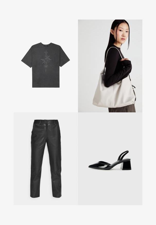 Mørkegrå oversized t-skjorte laget av bomull, med et sentralt solmotiv med intrikate linjedetaljer trykket på forsiden.; Sorte lærbukser med en rett ben-design, glatt tekstur og beltehemper. Ingen synlige mønstre eller hardware-detaljer.; Svarte patentlær slingback hæler med spiss tå og geometrisk blokk hæl. Har et stilrent, minimalistisk design og jevn tekstur.; Beige håndveske laget av mykt materiale, med en slapp design, sydd detaljer og to skulderstropper. Passer for daglig bruk.
