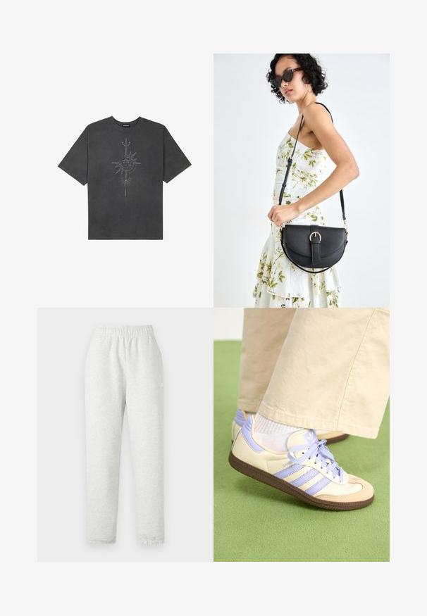 Dark gray oversized t-shirt made of cotton, featuring a central sun graphic with intricate line details printed on the front.; Light gray sweatpants with an elastic waistband, tapered legs, and ribbed cuffs. Made from a soft, textured fabric. White logo detail on the side.; Cream and lavender sneakers with three stripes and a textured brown sole, featuring laces and a padded heel. Soft fabric upper.; Black leather handbag with a curved shape, detachable strap, and gold hardware. The bag features a flap with a buckle detail.