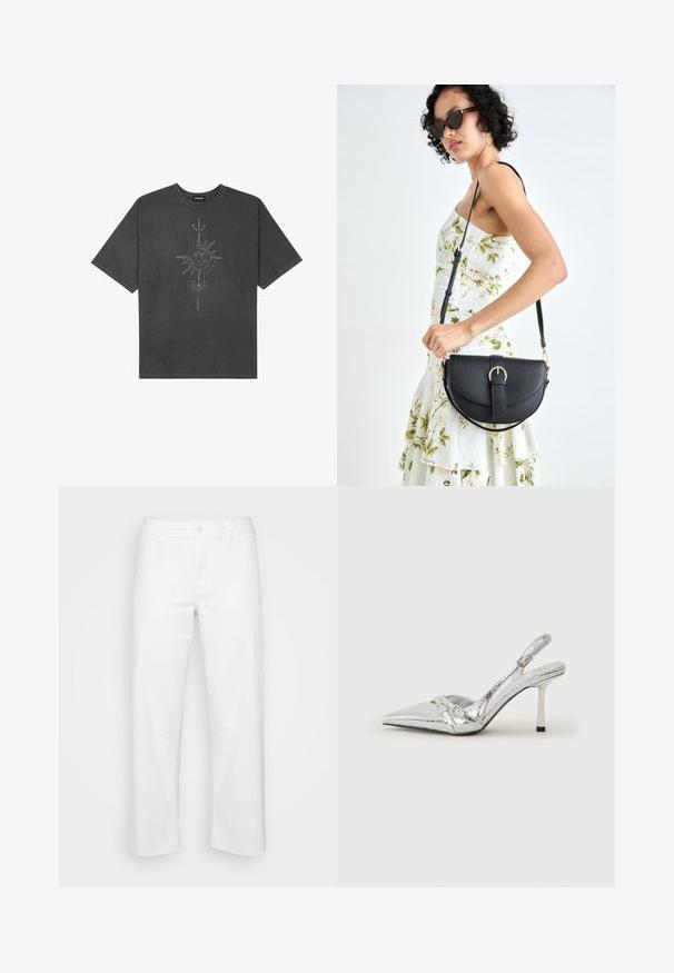 Dark gray oversized t-shirt made of cotton, featuring a central sun graphic with intricate line details printed on the front.; White cotton trousers with a straight leg design, featuring a front button closure, belt loops, and subtle stitching details.; Silver slingback high heel shoe with a pointed toe, metallic finish, two decorative straps, and a slender heel with a black tip.; Black leather handbag with a curved shape, detachable strap, and gold hardware. The bag features a flap with a buckle detail.