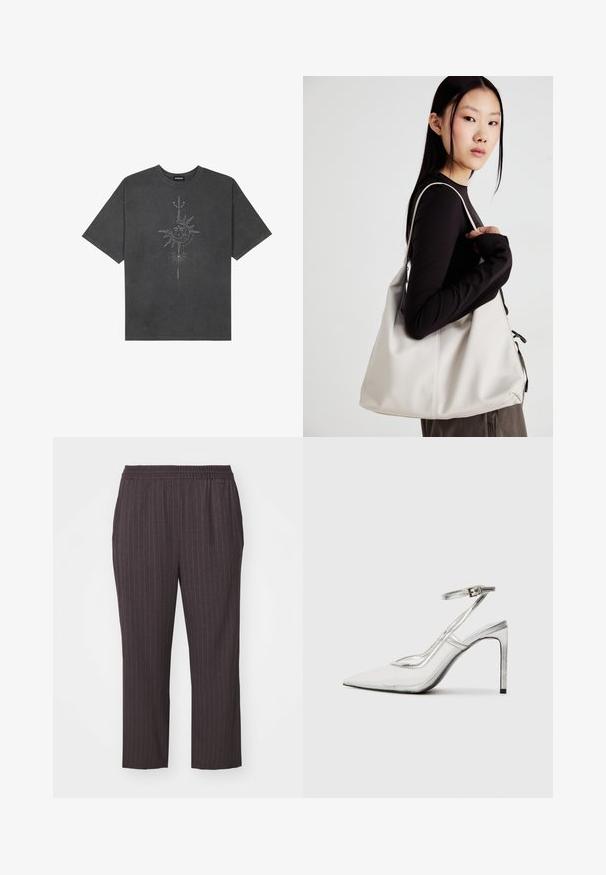 T-shirt surdimensionné gris foncé en coton, avec un graphisme central représentant un soleil, ornée de détails de lignes complexes imprimés sur le devant.; Pantalons gris foncé à taille élastique, avec des rayures verticales, une coupe fuselée, un tissu lisse et des poches latérales pour un design épuré.; Chaussure à talon aiguille transparent avec un bout pointu, en matériau transparent, accents métalliques argentés et bride de cheville réglable.; Sac à main beige en matériau souple, avec un design décontracté, des détails cousus et deux poignées. Idéal pour un usage quotidien.