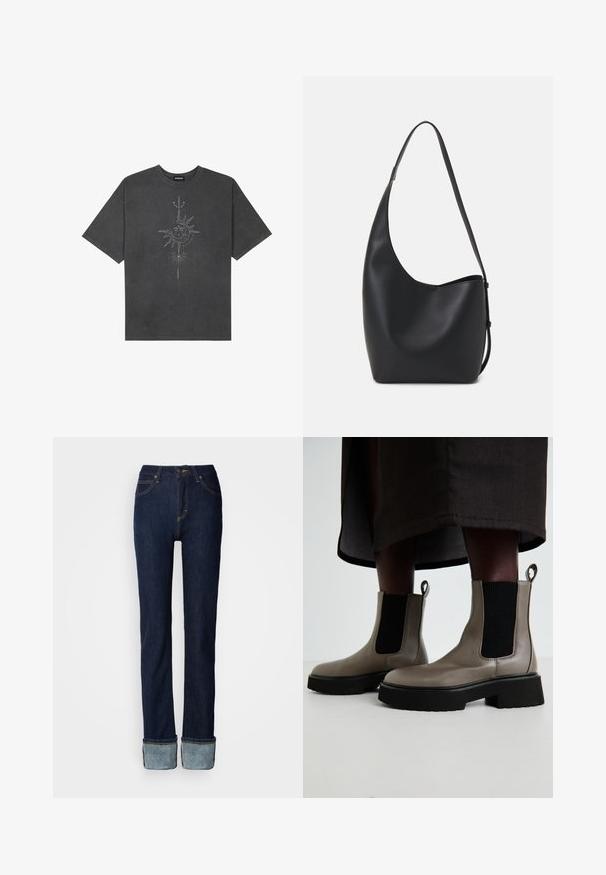 Camiseta de gran tamaño gris oscuro hecha de algodón, con un gráfico central de un sol con intrincados detalles lineales impresos en la parte frontal.; Vaqueros de mezclilla azul oscuro con un diseño de pierna recta, con puño enrollado y costuras contrastantes. Cintura de tiro medio con cierre clásico de botón.; Botines grises hechos de cuero texturizado con paneles laterales elásticos y una suela negra robusta. Cuenta con tiradores para facilitar su colocación.; Bolso tipo hobo de cuero negro con una textura suave, forma curvada y una sola correa ajustable; presenta una amplia apertura en la parte superior.