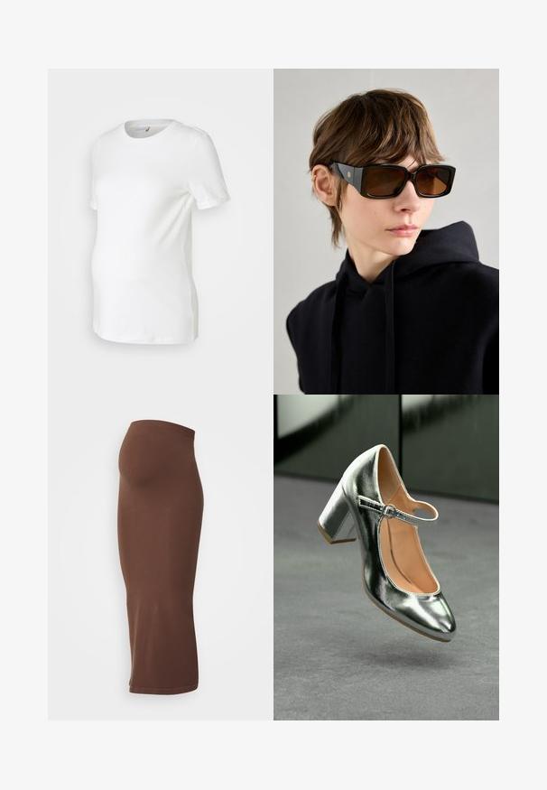 Balta nėštumo marškinėliai, pagaminti iš minkštos medvilnės, su trumpomis rankovėmis, apvaliu iškirpimu ir prigludusia forma, patogiai pritaikyta augančiam pilvui.; Ruda juostos midi sijonas su elastine juosta, pasižymintis prigludusia siluetu ir lygiu paviršiumi. Matomų ryškių raštų ar akcentų nėra.; Metallic sidabrinės Mary Jane kulniukai su apvaliu pirštu, kulkšnies dirželiu ir blokiniu kulnu, pasižymintys lygiu paviršiumi ir šviesiai rudu vidumi.; Juodų didelių saulės akinių su blizgiu paviršiumi, stačiakampio formos, rudos spalvos tonuotais objektyvais ir auksiniu logotipu ant šventyklų.