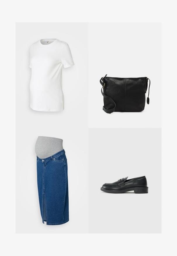 Fehér kismama póló, puha pamutból készült, rövid ujjakkal, kerek nyakkivágással és olyan fazonnal, amely alkalmazkodik a növekvő hasi mérethez.; Kismama farmer szoknya sötétkék mosással, elől résvágással és puha szürke rugalmas derékkal a kényelem és egyszerű viselet érdekében.; Fekete bőr loaferek kerek orral, varrott részletekkel és kis sarkal. Sima textúrájúak és rugalmas gumitalppal rendelkeznek.; Fekete bőr keresztpántos táska lapos formával, arany fémrészekkel és állítható pánttal. Simább textúra minimális varrási részletekkel.