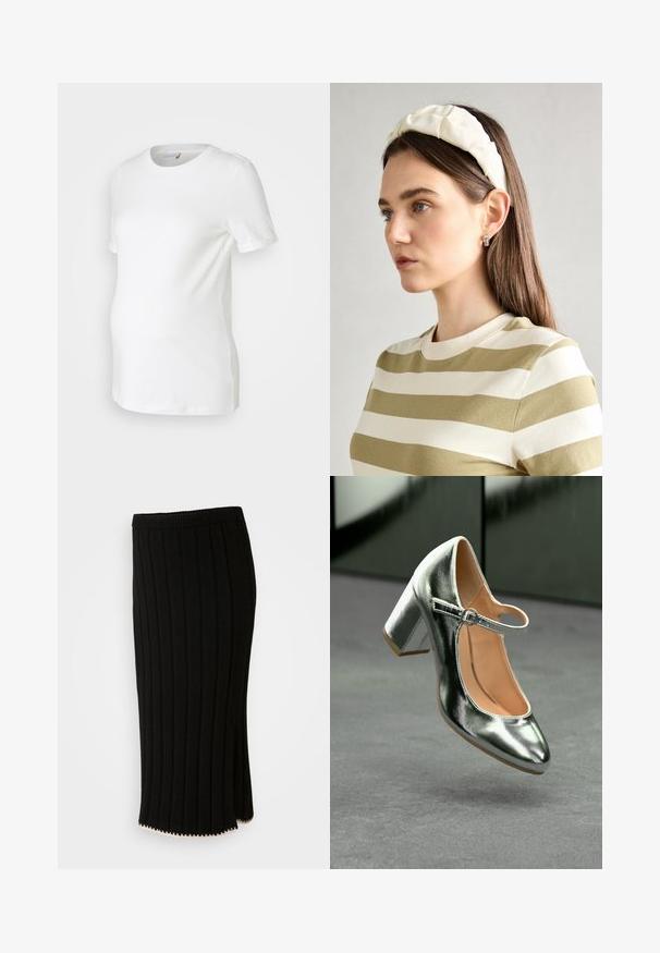 Biele tehotenské tričko z mäkkého bavlneného materiálu, s krátkymi rukávmi, okrúhlym výstrihom a priliehavým strihom, ktorý sa prispôsobuje rastúcemu bruchu.; Čierna úpletová sukňa s vertikálnym pruhovaním, obopínajúcim pásom a postranným rozparkom so dekoratívnym zlatým akcentom na leme.; Metalické strieborné lodičky Mary Jane s okrúhlou špičkou, členkovým pásikom a blokovým podpätkom, so jemnou textúrou a svetlohnedým interiérom.; Krémová čelenka s vypchatím a vzorom vrkoča, skombinovaná s béžovo-bielym pruhovaným tričkom s okrúhlym výstrihom. Nápadné doplnky z jemného šperku.