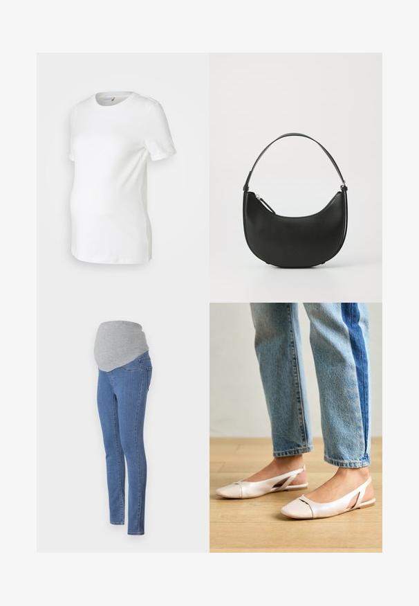White maternity t-shirt made of soft cotton, featuring short sleeves, a round neckline, and a fitted design accommodating a growing belly.; Maternity jeans with a fitted design, blue denim fabric, and a soft gray jersey waistband for comfort. Features back pockets and a slim fit.; Pale pink slingback flats with a pointed toe, made from a smooth leather-like material. Features cut-out details at the sides and a flat heel.; Black leather shoulder bag with a curved shape, slim handle, and zip closure. Features a smooth texture and subtle logo detail.