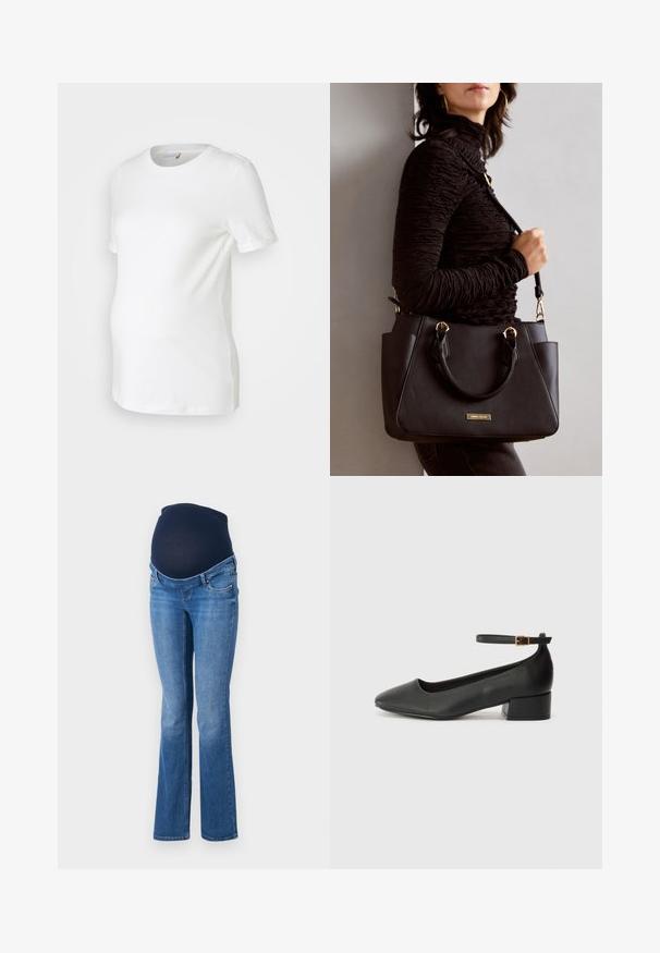 Balta nėštumo marškinėliai, pagaminti iš minkštos medvilnės, su trumpomis rankovėmis, apvaliu iškirpimu ir prigludusia forma, patogiai pritaikyta augančiam pilvui.; Nėštumo džinsai su tamsiai mėlyna minkšta juosta ir šviesiai mėlynu džinsiniu audiniu, su platėjančiomis kojomis ir penkių kišenių stiliumi.; Juodas odinis aukštakulnis batelis su smailiu pirštu ir žemu bloku. Su kulkšnies dirželiu su auksinės spalvos sagtimi. Lygus paviršius.; Juodas rankinės maišelis su struktūrizuota paviršiumi, dvigubais viršutiniais rankenėlėmis ir reguliuojamu peties diržu. Įrengtas aukso spalvos furnitūra ir šoninės kišenės.