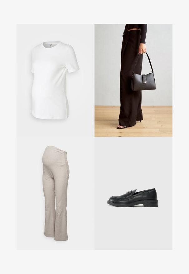 White maternity t-shirt made of soft cotton, featuring short sleeves, a round neckline, and a fitted design accommodating a growing belly.; Maternity flared pants in light beige ribbed fabric, featuring a supportive waistband and a relaxed fit through the legs.; Black leather loafers with a rounded toe, stitched detailing, and a small heel. Smooth texture and a flexible rubber sole.; Black handbag with structured shape, smooth texture, and a metallic clasp. Paired with wide black pants and open-toe sandals on wooden floor.