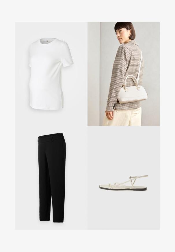 Bílý těhotenský tričko vyrobené z měkké bavlny, s krátkými rukávy, kulatým výstřihem a přiléhavým střihem, který vyhovuje rostoucímu bříšku.; Černé kalhoty z hladkého, elastického materiálu. Mají elastický pas a boční kapsy. Rovný střih nohavic pro pohodlný fit.; Béžové ploché sandály s několika štíhlými pásky a nastavitelnou přezkou. Podešev je plochá s mírným tmavým kontrastem na okraji.; Bílá strukturovaná kabelka s krátkými uchy a ramenním popruhem, zdobená zlatými kovovými prvky a texturovaným materiálem, vystavená na šedém pozadí.; Sada šesti zlatých prstenů s různými designy: splétané, motivy listů a hladké prsteny; některé s zelenými drahokamy.