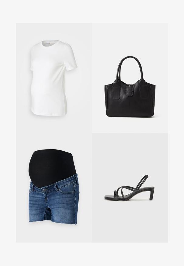 Balta nėštumo marškinėliai, pagaminti iš minkštos medvilnės, su trumpomis rankovėmis, apvaliu iškirpimu ir prigludusia forma, patogiai pritaikyta augančiam pilvui.; Nėščiųjų džinsiniai šortai su elastingu juodu juosmeniu, pagaminti iš mėlynos džinsinio audinio, priglundančios konstrukcijos ir su suplėšytais kojų atvirais galais.; Juodi šlepetės su kvadratiniu pirštu ir žemu bloku kulnu. Yra keli ploni dirželiai ir reguliuojamas kulkšnies diržas. Pagaminti iš lygios odos.; Juodas odinis nešiojamas krepšys su lygiu paviršiumi, struktūrine forma, dviem rankenėlėmis ir ryškiu sidabriniu sagties akcentu priekyje.