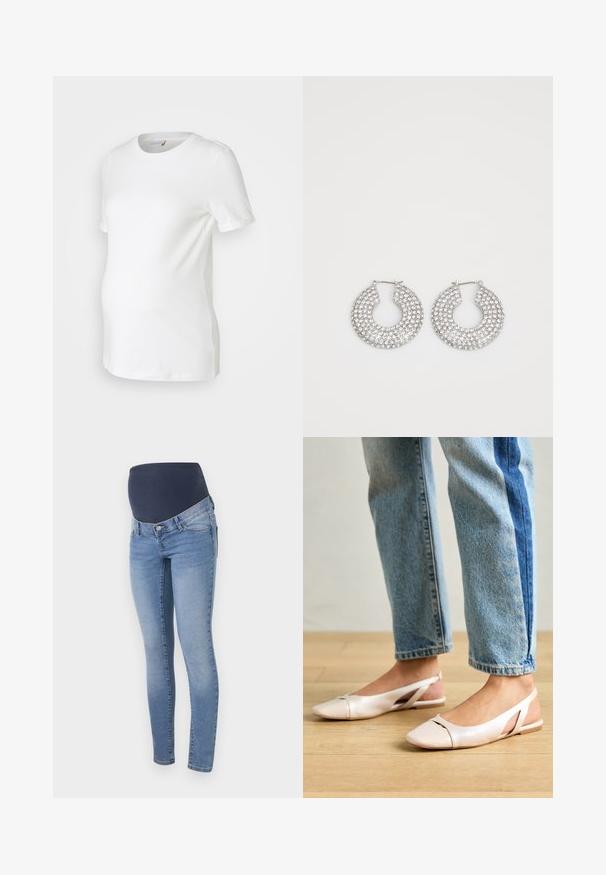 Balta nėštumo marškinėliai, pagaminti iš minkštos medvilnės, su trumpomis rankovėmis, apvaliu iškirpimu ir prigludusia forma, patogiai pritaikyta augančiam pilvui.; Šviesiai mėlynos džinsinės nėščiųjų kelnės su elastinga juoda juostele, pasižyminčios lieknu siluetu ir klasikinėmis 5 kišenėmis.; Šviesiai rožiniai slingback baleto bateliai su smailiu pirštu, pagaminti iš lygios odai panašios medžiagos. Yra išpjovimų detalės šonuose ir plokščias kulnas.; Sidabrinės auskarų žiedai, papuošti daugybe skaidrių kristalų akcentų, su tekstūruota paviršiumi ir atviru apvaliu dizainu.