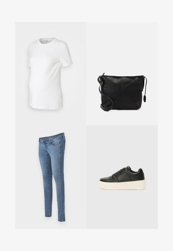 Bijela majica za trudnice od mekog pamuka, s kratkim rukavima, okruglim izrezom i prilagođenim dizajnom koji pristaje rastućem trbuhu.; MAMALICIOUS MLAUKIE - Uske traperice - medium blue denim; Crne kožne tenisice s glatkom teksturom, debeo kremasti đon, okrugli vrh i klasični dizajn vezanja. Suptilni detalji šavova.; Crna kožna torbica preko tijela s ravnim oblikom, zlatnim detaljima i podešivim remenom. Glatka tekstura s minimalnim detaljima šivanja.