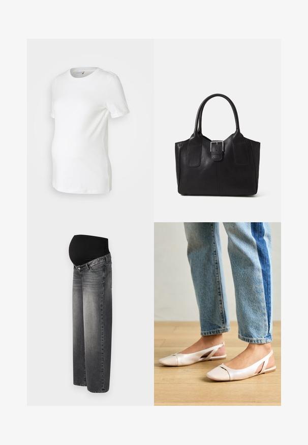 Vitt graviditetströja i mjuk bomull, med korta ärmar, rund halsringning och en figurnära design som rymmer en växande mage.; Graviditetsjeans i blekt svart denim, med en stretchig svart midjeband för stöd. Vid ben-design med standard framfickor.; Ljust rosa slingback-lägenheter med spetsig tå, tillverkade av ett slätt läderliknande material. Har utskurna detaljer på sidorna och en platt häl.; Svart läder tote-väska med slät yta, strukturerad form, två handtag och en framträdande silverfärgad spänne på framsidan.