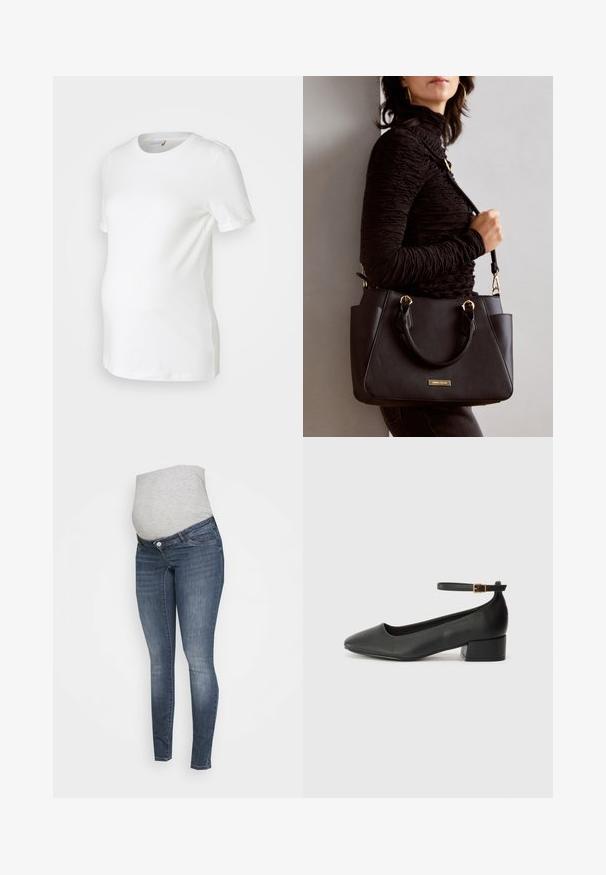 Balta nėštumo marškinėliai, pagaminti iš minkštos medvilnės, su trumpomis rankovėmis, apvaliu iškirpimu ir prigludusia forma, patogiai pritaikyta augančiam pilvui.; Tamsiai mėlynos džinsinės leginsai nėščioms moterims, turintys minkštą pilkos spalvos džersio panelę patogumui, su klasikiniu penkių kišenių dizainu ir šiek tiek nublukimu.; Juodas odinis aukštakulnis batelis su smailiu pirštu ir žemu bloku. Su kulkšnies dirželiu su auksinės spalvos sagtimi. Lygus paviršius.; Juodas rankinės maišelis su struktūrizuota paviršiumi, dvigubais viršutiniais rankenėlėmis ir reguliuojamu peties diržu. Įrengtas aukso spalvos furnitūra ir šoninės kišenės.