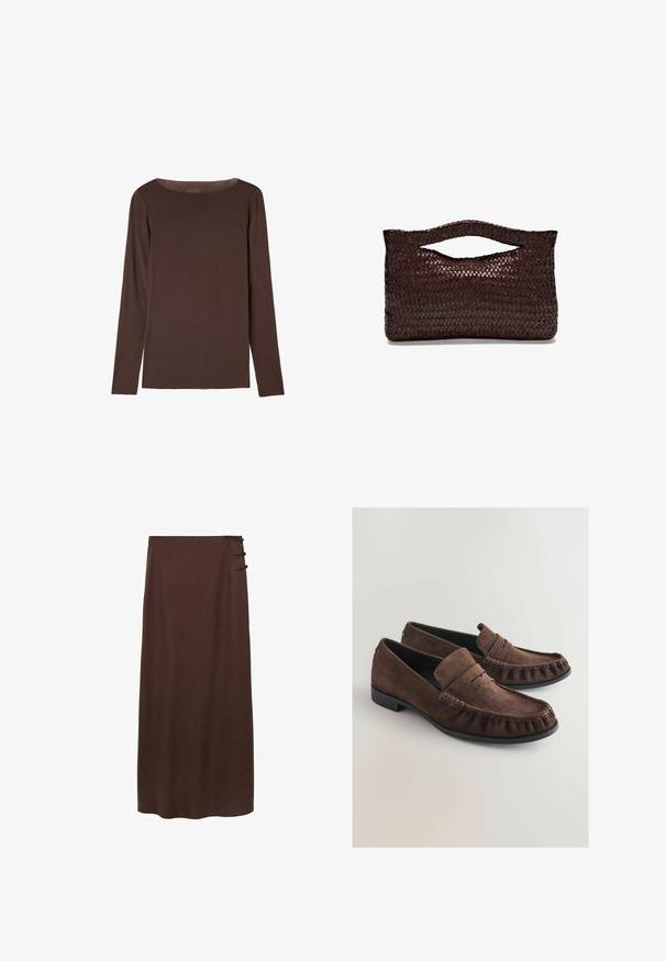 Hnědý dlouhý rukáv top vyrobený z měkkého, elastického materiálu s kulatým výstřihem a volným střihem, s hladkou texturou a minimálními detaily.; Hnědá sukně až na zem vyrobená z měkkého materiálu. Obsahuje tři dekorativní postranní knoflíky poblíž pasu. Jednoduchý, nezdobený design.; Hnědé semišové mokasíny s měkkou texturou, šitím v mokasínovém stylu a zaoblenou špičkou. Černá gumová podrážka a detail ohnutého koženého lemu.; Tkaná hnědá kožená kabelka s kulatou rukojetí nahoře a otevřeným siluetem, s texturovaným povrchem a elegantním, minimalistickým designem.