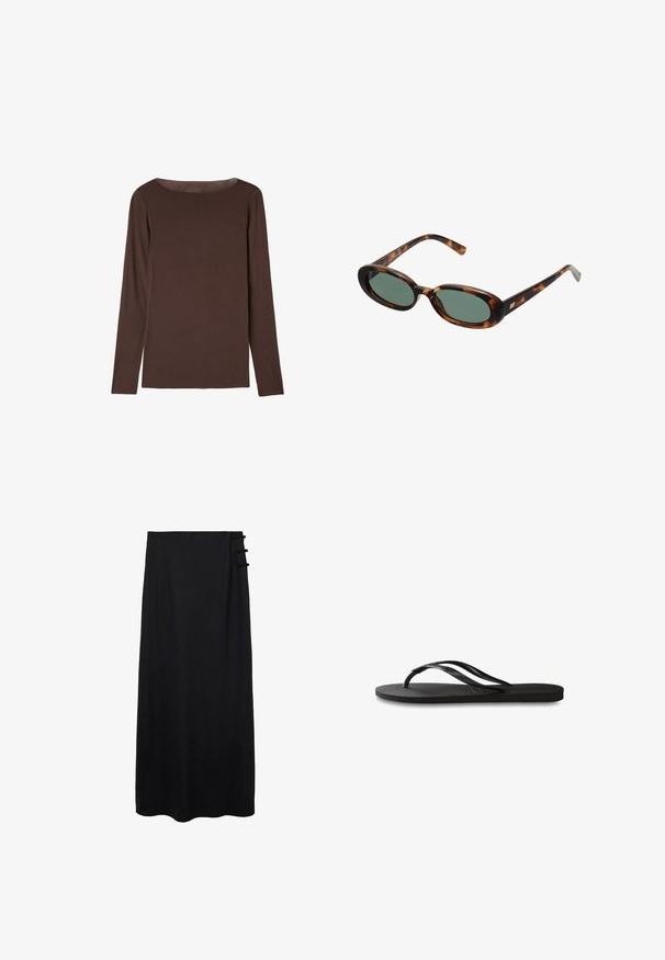 Haut marron à manches longues en matériau doux et extensible, avec un col rond et une coupe décontractée, présentant une texture lisse et un minimalisme dans les détails.; Jupe maxi noire avec une texture lisse, dotée d'une fermeture sur le côté avec trois accents en boucle pour un détail supplémentaire. Design longueur sol.; Tongs noires avec une semelle en caoutchouc texturée, deux fines lanières et un détail de logo embossé subtil sur la lanière.; Lunettes de soleil en écaille de tortue avec des montures ovales et des verres verts. Elles présentent des branches fines avec un accent métallique près des charnières.; Sac en cuir gris clair avec un design en forme de U et une poignée métallique courbée. Texture lisse avec un minimum de coutures et sans motifs visibles.