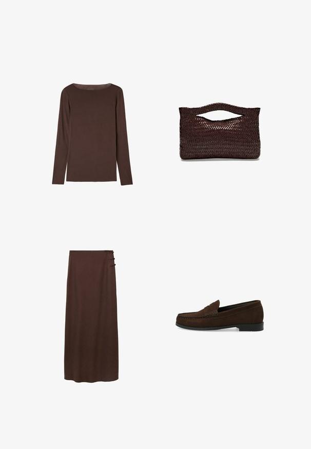 Brauner, langärmeliger Pullover aus weichem, elastischem Material mit rundem Halsausschnitt und lockerer Passform, der eine glatte Textur und minimales Design aufweist.; Brauner, bodenlanger Rock aus weichem Material. Verfügt über drei dekorative Knöpfe an der Seite in Taillenhöhe. Einfaches, unauffälliges Design.; Braune Wildleder-Läufer mit einem genähten Mokassin-Zehen, flacher schwarzer Gummisohle und einem dekorativen Oberriemen sowie Detail.; Braune geflochtene Lederhandtasche mit einem abgerundeten Obergriff und einer offenen Silhouette, die eine strukturierte Oberfläche und ein schlankes, minimalistisches Design aufweist.