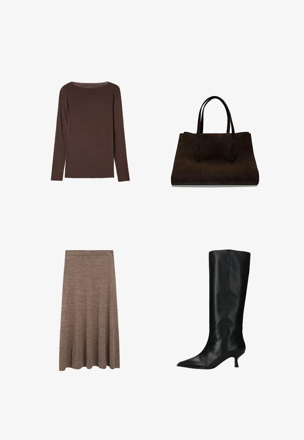 Bruine lange mouwen top gemaakt van zacht, rekbaar materiaal met een ronde halslijn en een relaxed fit, met een gladde textuur en minimale details.; Bruine gebreide midi-rok met een vloeiende silhouette, uitgerust met een gladde elastische tailleband en een subtiele textuur doorheen.; sacha MIT KITTEN HEEL - Laarzen - black; Bruine suède handtas met verlengde hengsels, rechthoekige vorm en een gladde textuur. Geen zichtbare hardware of versieringen.