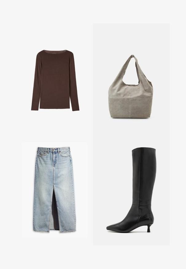 Bruine lange mouwen top gemaakt van zacht, rekbaar materiaal met een ronde halslijn en een relaxed fit, met een gladde textuur en minimale details.; Lichtblauwe spijkerrok met een voorknos, vijf-pocket ontwerp en knoopsluiting. Kenmerkt vervaagd materiaal en onafgewerkte zoomaccenten.; Zign Laarzen - black; Grijze suède totebag met een losjes ontwerp, brede schouderriem en een grote opening. Kenmerkt subtiele stiksels en bodemstuds voor stabiliteit.