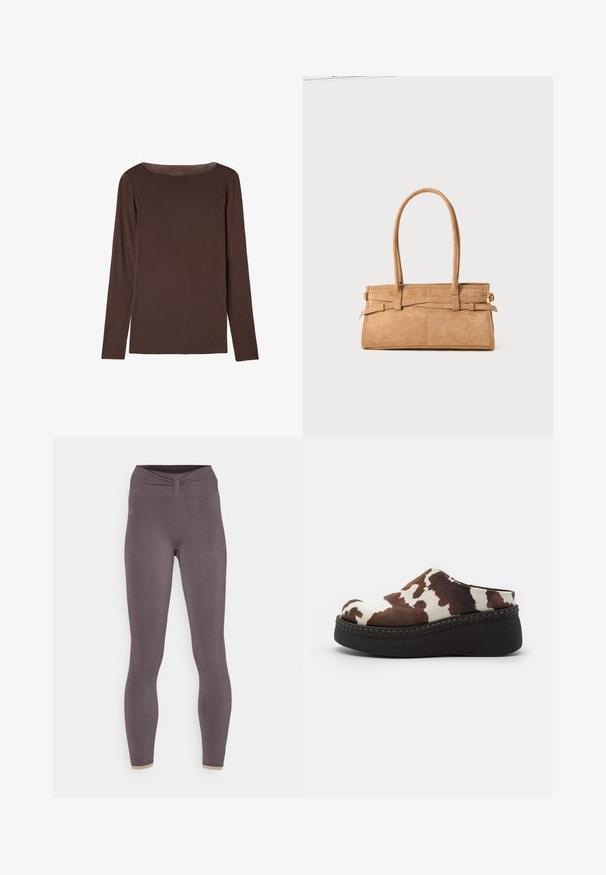 Brązowa bluzka z długim rękawem wykonana z miękkiego, elastycznego materiału, z okrągłym dekoltem i luźnym krojem, charakteryzująca się gładką fakturą i minimalnym zdobieniem.; Yogasearcher CHENDA ciemnoszary; Brązowo-białe klompy na platformie w krowi wzór z miękką cholewką, zaokrąglonym noskiem i wytrzymałą czarną gumową podeszwą. Szwy umiejscowione u podstawy.; Torebka z brązowego zamszu z dwoma długimi uchwytami, prostokątnym kształtem i dekoracyjnym przeszyciem. Posiada boczny pasek oraz subtelne akcenty w kolorze złotym.