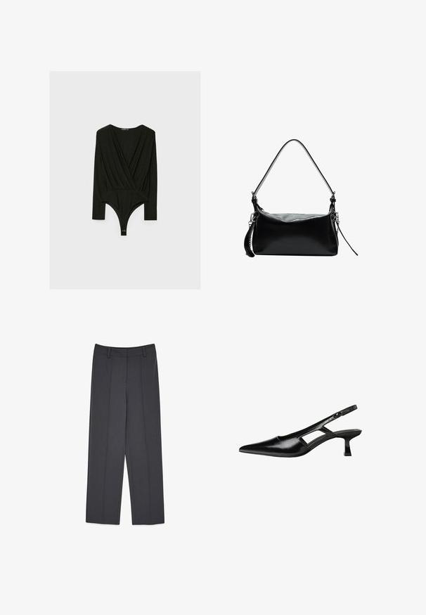 Črn bodysuit z dolgimi rokavi, z V-izrezom, zavitim dizajnom in pritisnim zapenjanjem na dnu. Izdelan iz mehke tkanine z gladko teksturo.; Sive krojene hlače ravnega kroja, ki imajo obdelane pregibe, gladko teksturo in zanke za pas. Že nič vidnih žepov.; Črne patentični usnjeni salonarji s slingback designom, z zašiljenim nosom, izrezanim stranskim dizajnom in majhnim kvadratnim peto. Gladka tekstura z minimalnimi detajli.; Črna usnjena torbica z ukrivljenim naramnicami, gladka površina, pravokotna oblika, zadrga in srebrni dodatki.
