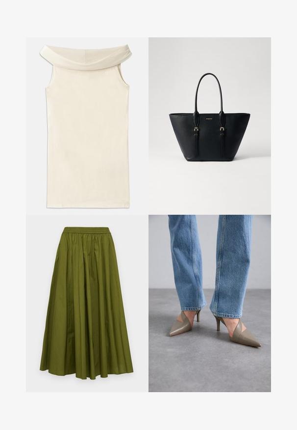 Õlgadelt avatud beež kleit, mis on valmistatud siledast kangast, laia kaelusega ja ilma varrukateta, sirge lõike ja puhta servaga.; MICHAEL Michael Kors PULL ON - A-lõikeline seelik - evergreen; Halllihalliga terava nina kinnastel, millel on V-kujuline lõikekujundus, mis sisaldab õhukest stilettokontsa. Kanda kergete siniste sirgete jalgade teksadega.; Mustmust kott musta nahaga, tekstuuriga viimistlusega, pikliku kujuga, kahe käepidemega ja kuldsete metalldetailidega.