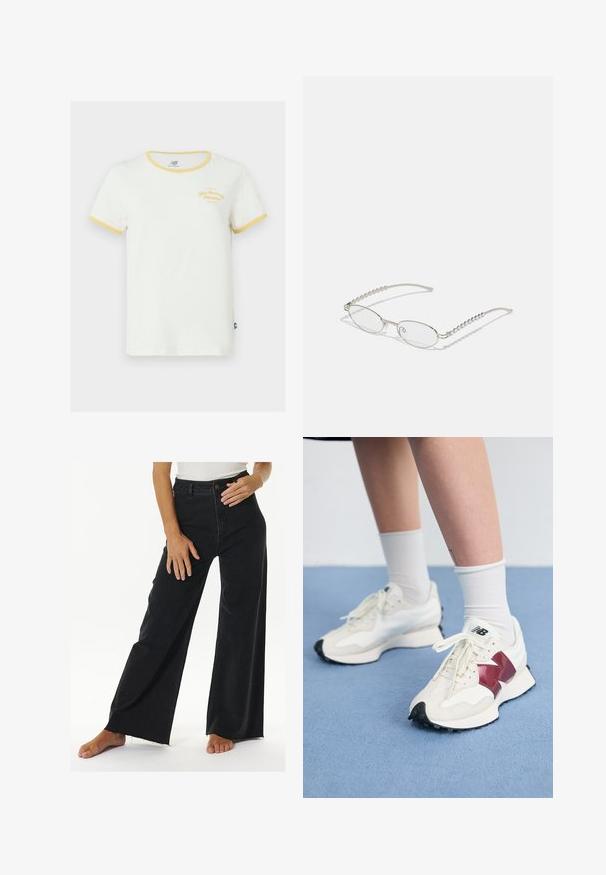 T-shirt en coton blanc avec col et poignets côtelés jaunes. Présente un logo brodé jaune sur le devant. Coupe régulière.; Jean large à taille haute en denim noir, avec une fermeture à bouton et à glissière, dotés de détails à ourlet brut et de poches sur les côtés.; Une paire de baskets blanches avec des accents bordeaux, des panneaux texturés, une semelle noire plate et des lacets légers, portées avec des chaussettes blanches mi-mollet.; Lunettes ovales avec une monture métallique argentée, verres transparents et accents de branches texturées avec perles. Design léger avec des branches courbées.