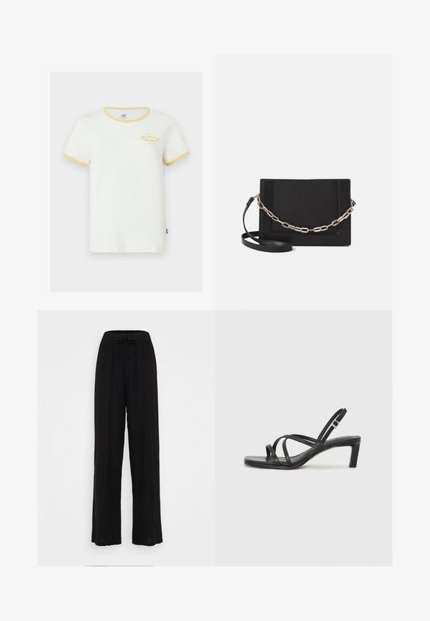 White cotton t-shirt with yellow ribbed collar and sleeve cuffs. Features embroidered branding in yellow on the front. Regular fit.; Black wide-leg pants made of lightweight fabric, featuring an elastic waistband with a drawstring and no visible patterns or accents.; Black strappy sandal with a square toe and a low block heel. Features multiple thin straps and an adjustable ankle strap. Made of smooth leather.; Black leather crossbody bag featuring a smooth texture, rectangular shape, and a metallic chain detail on the front. Adjustable strap included.