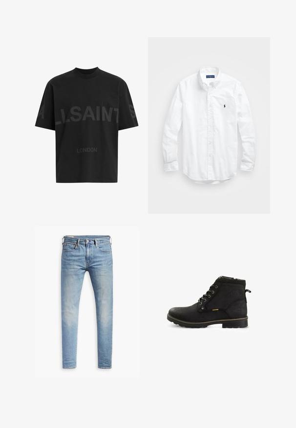 Sort oversized T-shirt med mørkegrå "ALLSAINTS" tekst på tværs af brystet og "LONDON" i mindre bogstaver nedenfor.; Hvid langærmet skjorte i bomuld. Har en klassisk krave, knapmanchetter og et lille marineblåt broderet logo på brystet.; Lyseblå slim-fit jeans med let slid på lårene, frontlukning med knap, bæltestropper og fem lomme-design på en hvid baggrund.; Sorte ankelstøvler med en glat lædertekstur, rund tå, seks metalhætte, gule detaljer og en robust gummisål.