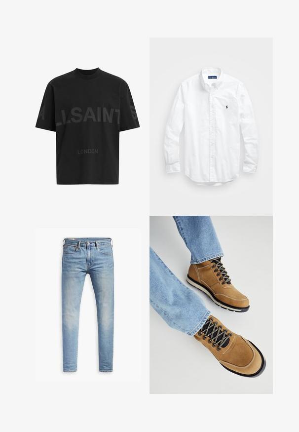 Black cotton t-shirt with a relaxed fit, featuring a large tonal "ALLSAINTS" design and "LONDON" text on the front. Short sleeves, round neck.; White long-sleeve button-up shirt in cotton. Features a classic collar, button cuffs, and a small navy embroidered logo on the chest.; Light blue slim-fit jeans with slight fading on thighs, front button closure, belt loops, and five-pocket styling on a white background.; Brown suede hiking boots with black laces, rubber soles, and white accents. Paired with light blue jeans. Close-up view of footwear.
